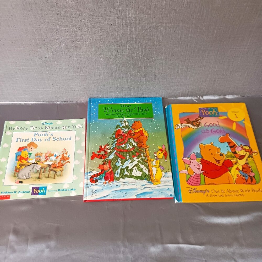 Winnie the Pooh Book Lot 3 Disney Pop Up First Day of School Christmas Good Gold